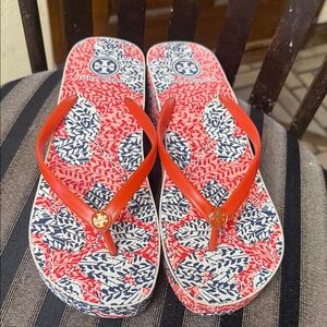 Tory Burch Red and Navy Patterned Platform Flip Flops